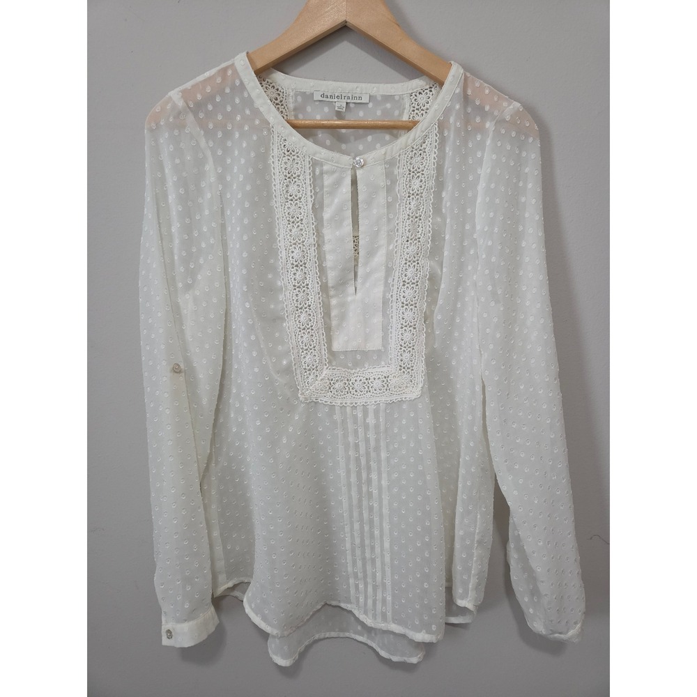 Daniel Rainn White Swiss Dot Lace Trim Blouse Womens Medium Boho Long Sleeve Top